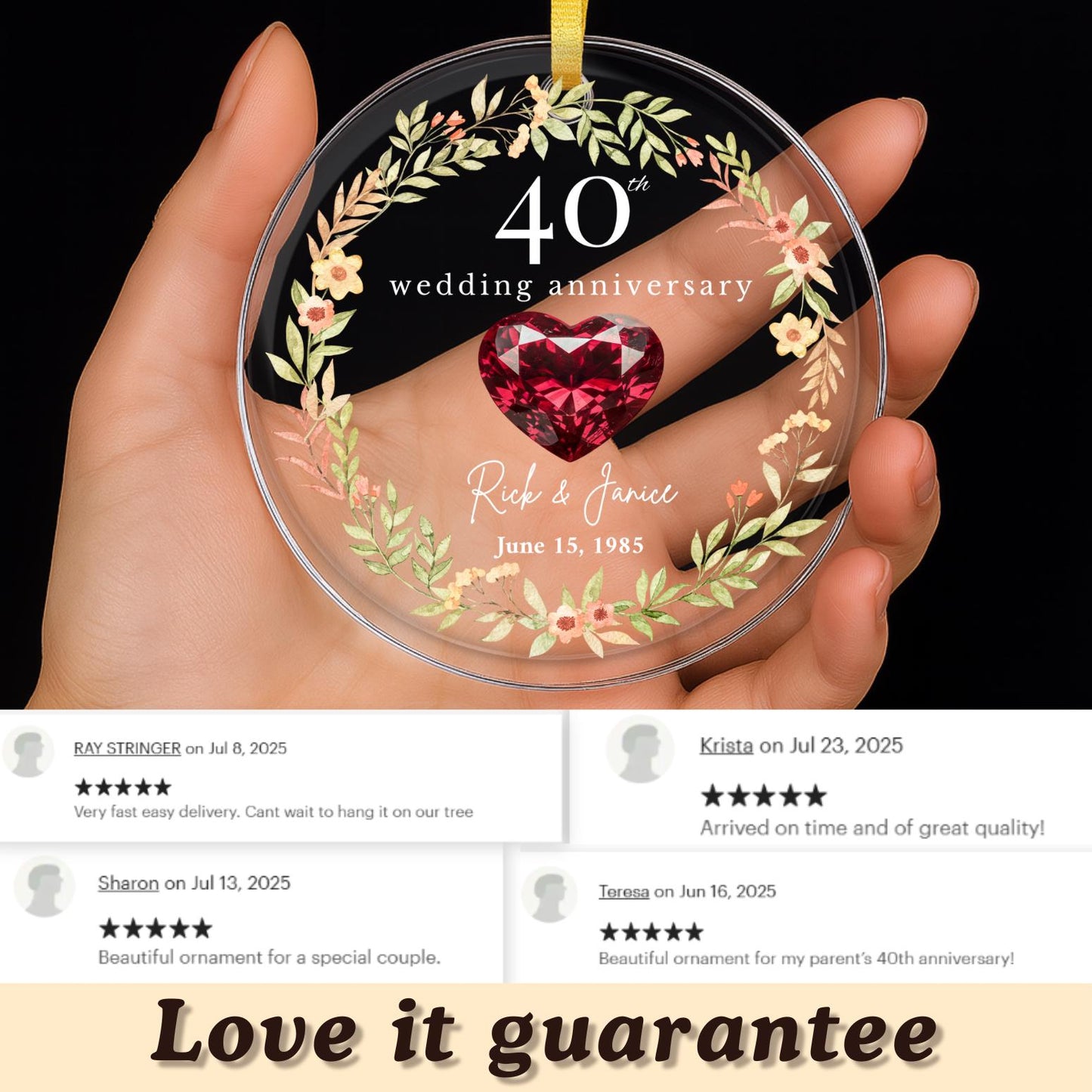 Personalized 40th Wedding Anniversary Glass Ornament, 40 Years Anniversary Gifts for Parents, Forty Wedding Gift, Ruby Anniversary Gift