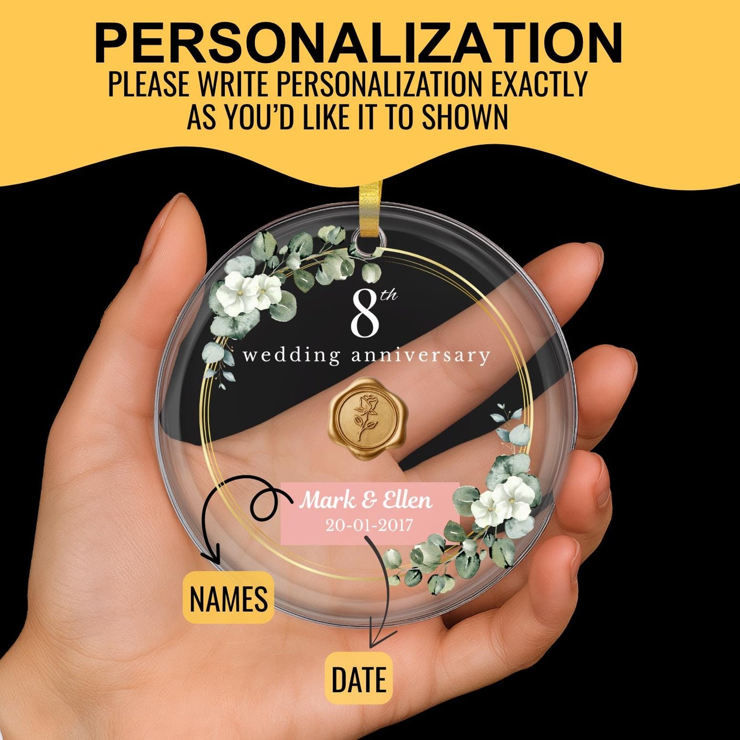 Personalized 8th Wedding Anniversary Glass Ornament, Bronze Anniversary Gift, 8 Years Together Gifts, Eighth Anniversary Gift For Husband