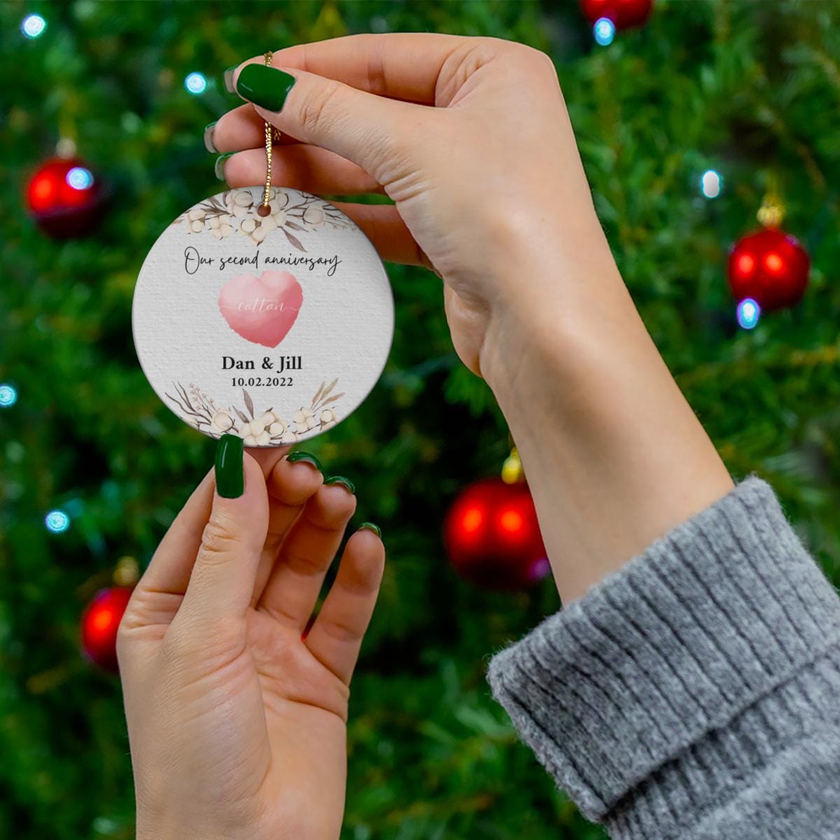 Personalized 2nd Wedding Anniversary Ornament, 2nd Annivesary Gifts, Second Anniversary Gift, Cotton Anniversary Gift For Husband Wife
