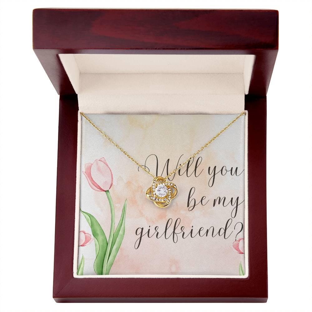 Will You Be My Girlfriend? Necklace with Romantic Message Card, Funny Girlfriend Proposal, Elegant Love Knot Jewelry
