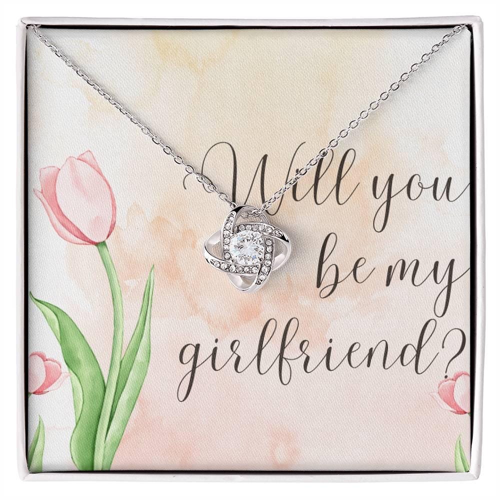 Will You Be My Girlfriend? Necklace with Romantic Message Card, Funny Girlfriend Proposal, Elegant Love Knot Jewelry