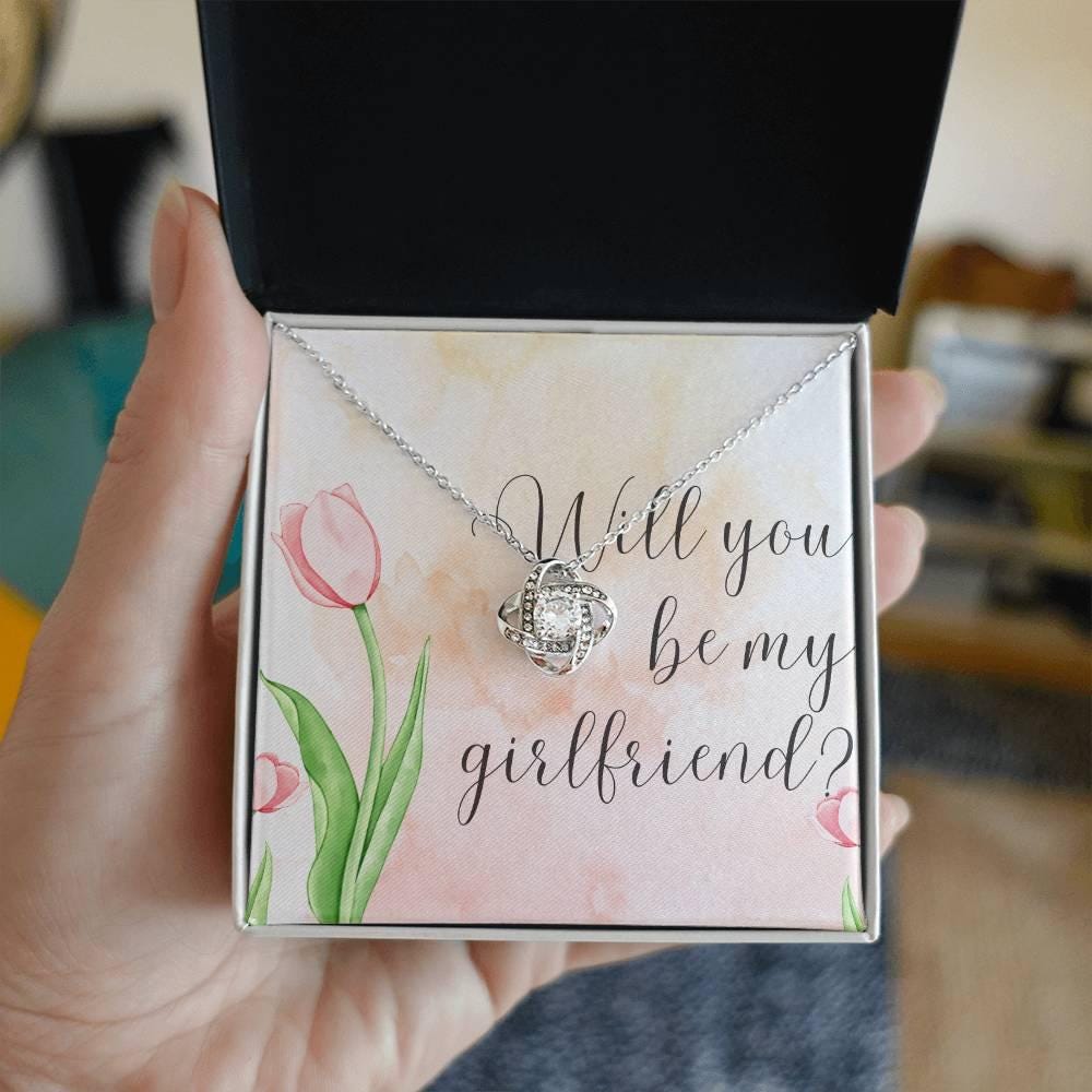 Will You Be My Girlfriend? Necklace with Romantic Message Card, Funny Girlfriend Proposal, Elegant Love Knot Jewelry