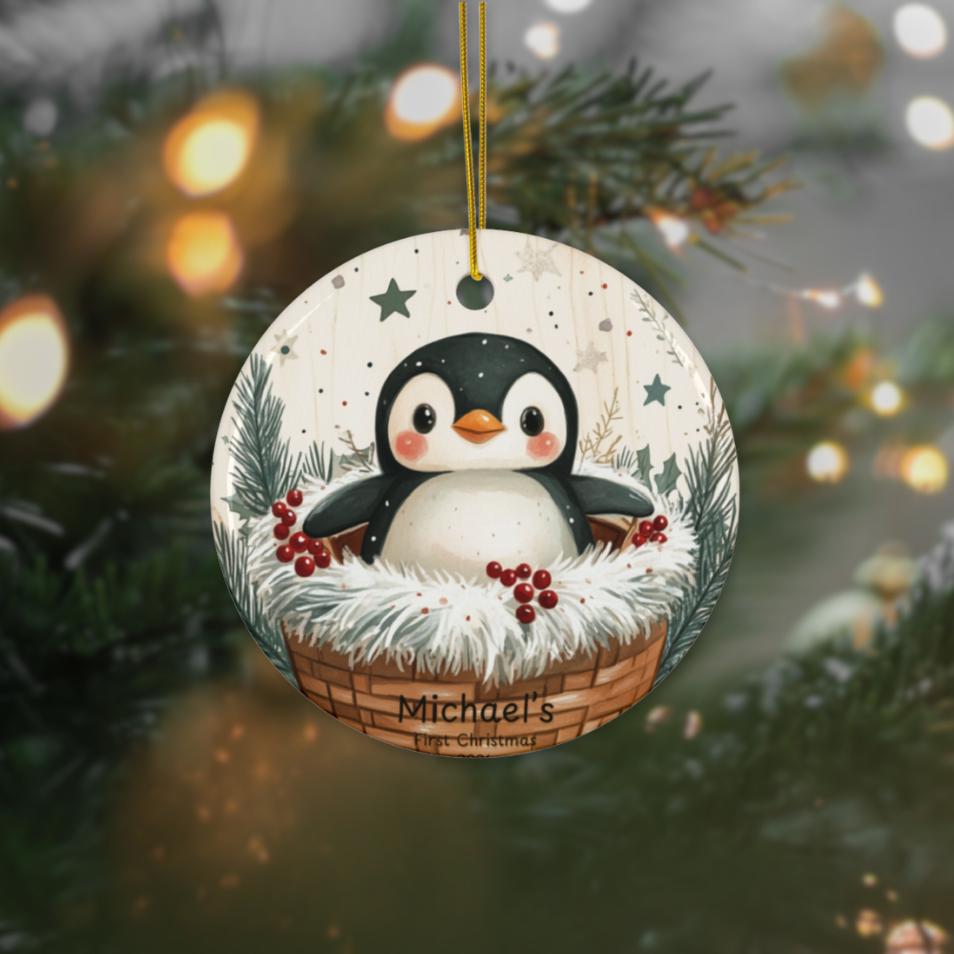Baby First Christmas Ornament 2024, Personalized First Christmas Glass Ornament, Custom Baby Ornament, Baby Shower Gift Penguin Decoration