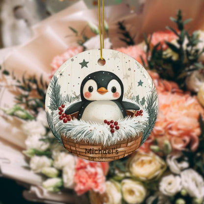 Baby First Christmas Ornament 2024, Personalized First Christmas Glass Ornament, Custom Baby Ornament, Baby Shower Gift Penguin Decoration