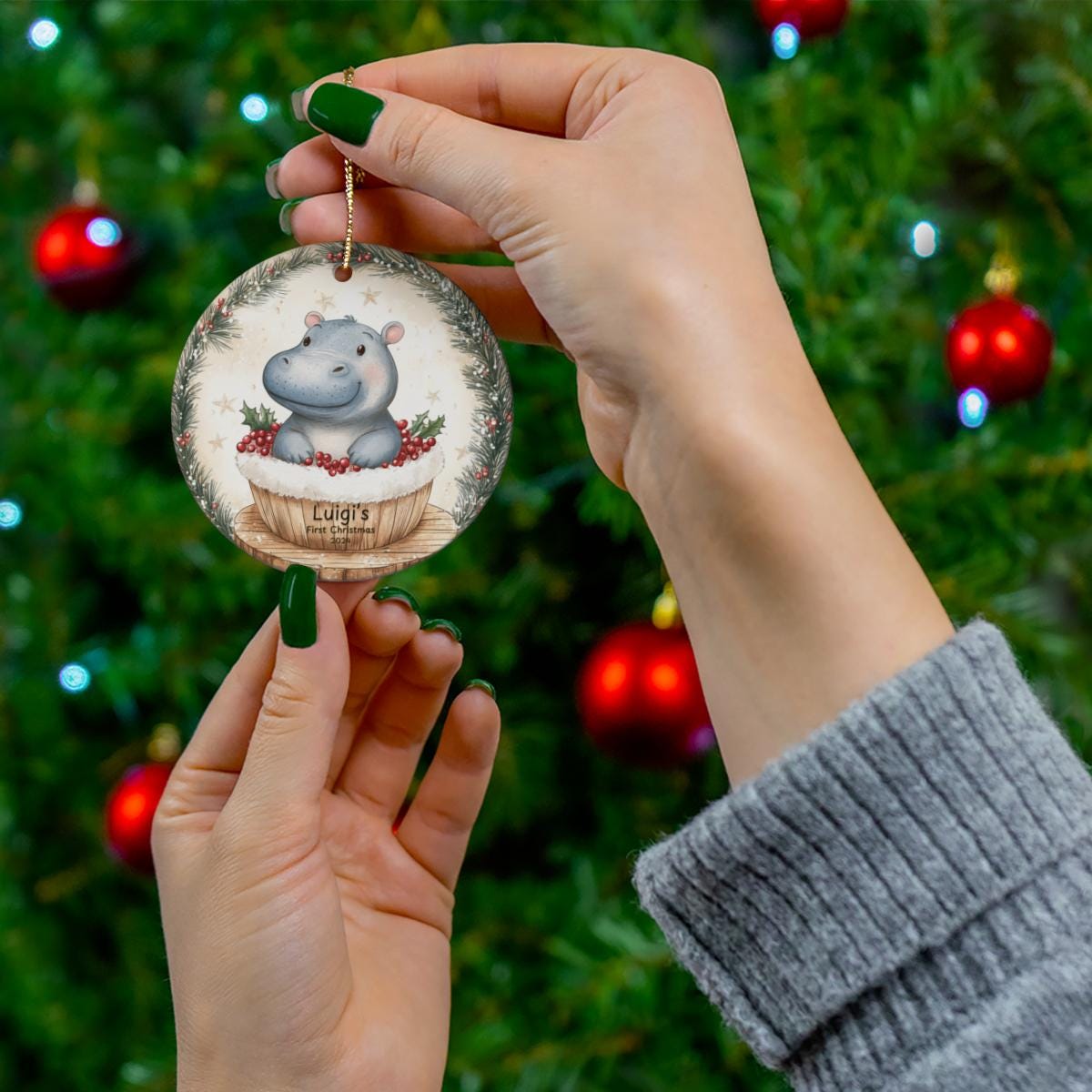 Baby First Christmas Ornament 2024, Personalized First Christmas Glass Ornament, Custom Baby Ornament, Baby Shower Gift Hippo Decoration, Ba