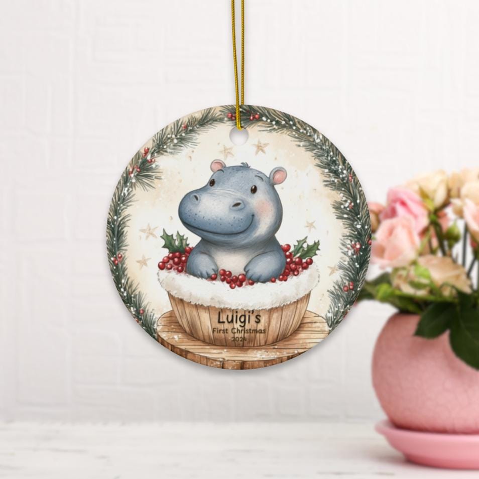 Baby First Christmas Ornament 2024, Personalized First Christmas Glass Ornament, Custom Baby Ornament, Baby Shower Gift Hippo Decoration, Ba
