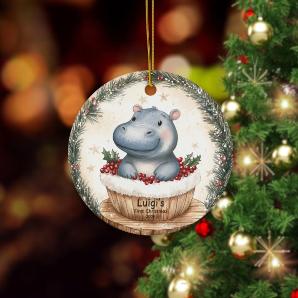 Baby First Christmas Ornament 2024, Personalized First Christmas Glass Ornament, Custom Baby Ornament, Baby Shower Gift Hippo Decoration, Ba