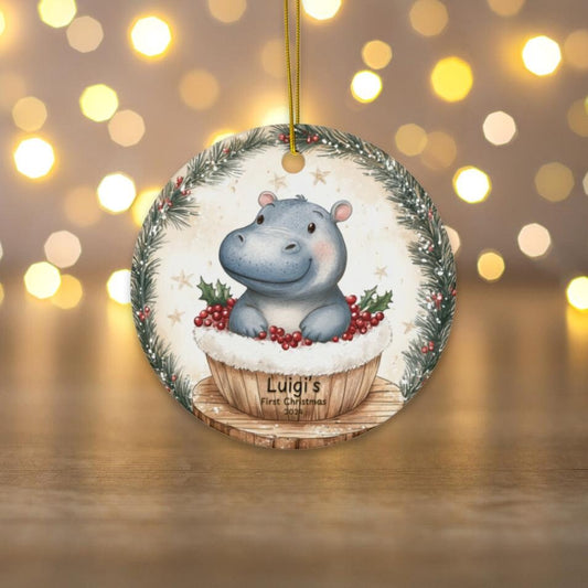 Baby First Christmas Ornament 2024, Personalized First Christmas Glass Ornament, Custom Baby Ornament, Baby Shower Gift Hippo Decoration, Ba