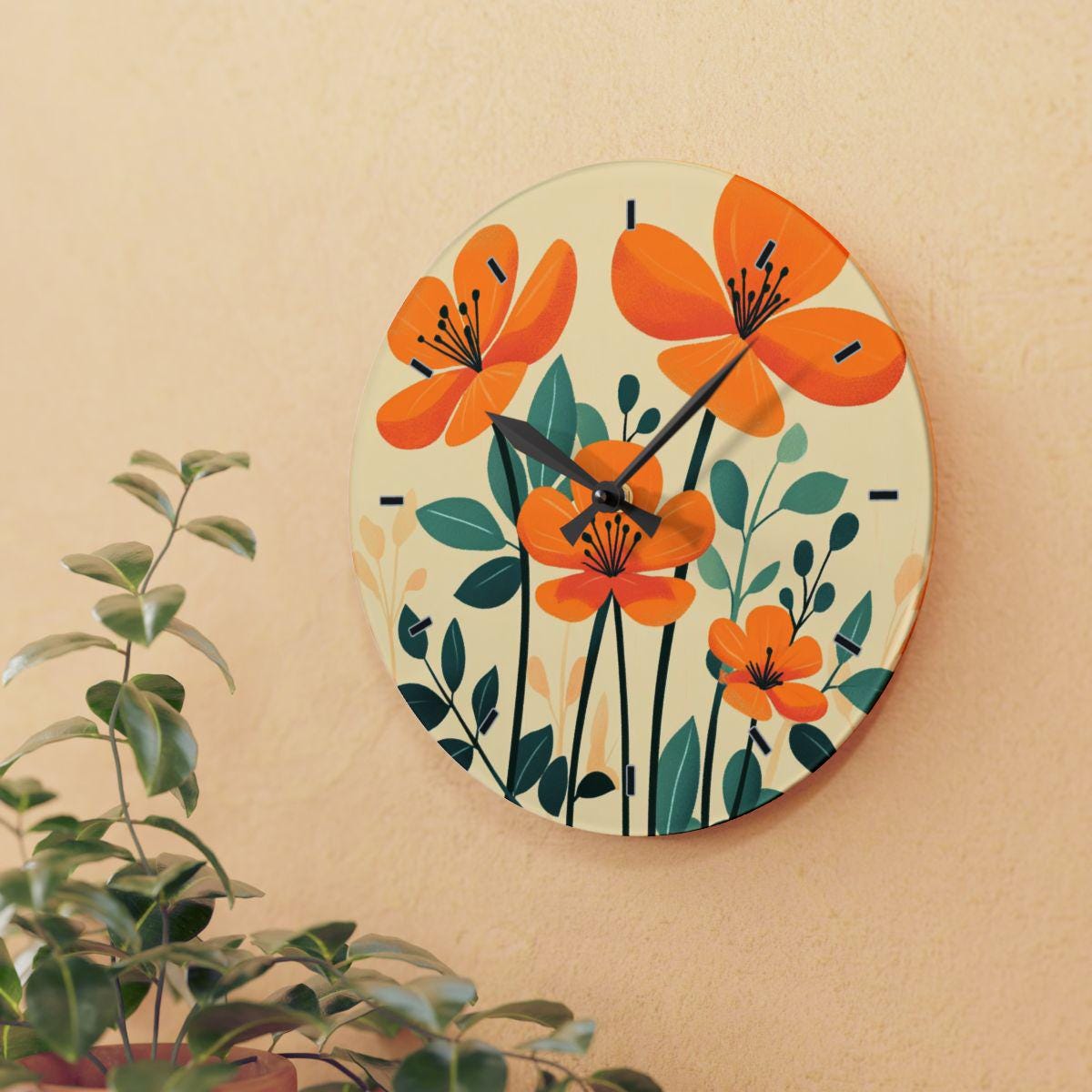 Personalized Floral Wall Clock, Orange Flower Clock, Bold Flower Wall Clock, Abstract Art Decor, Kitchen Clock, Floral Art Wall Clock Gift f