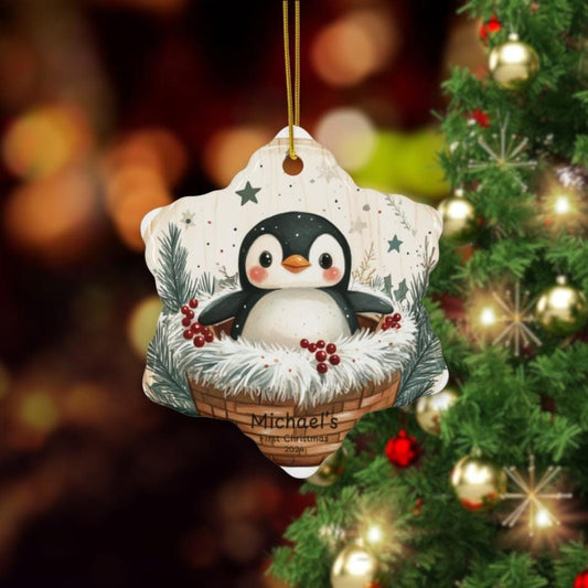 Baby First Christmas Ornament 2024, Personalized First Christmas Glass Ornament, Custom Baby Ornament, Baby Shower Gift Penguin Decoration
