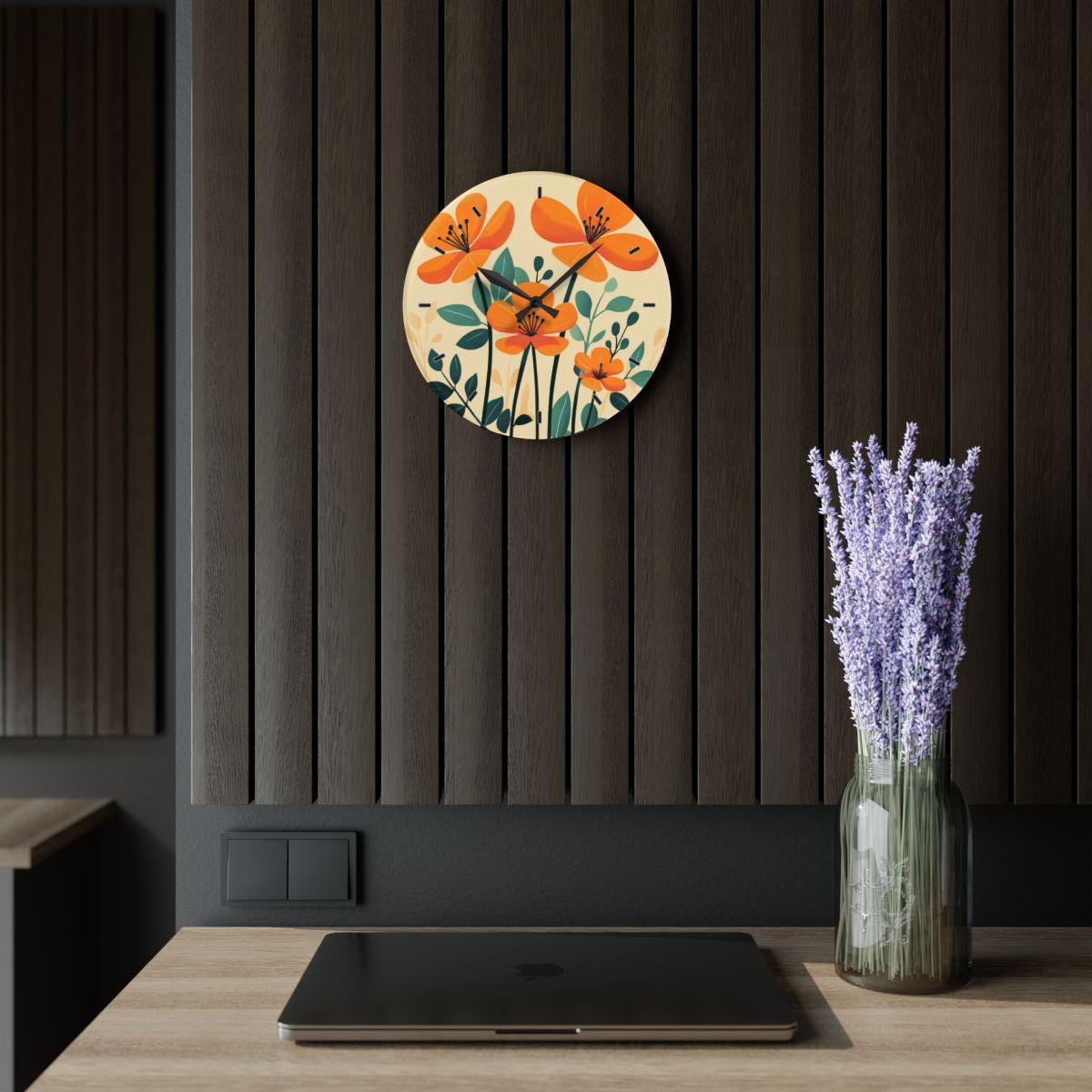 Personalized Floral Wall Clock, Orange Flower Clock, Bold Flower Wall Clock, Abstract Art Decor, Kitchen Clock, Floral Art Wall Clock Gift f
