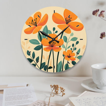 Personalized Floral Wall Clock, Orange Flower Clock, Bold Flower Wall Clock, Abstract Art Decor, Kitchen Clock, Floral Art Wall Clock Gift f