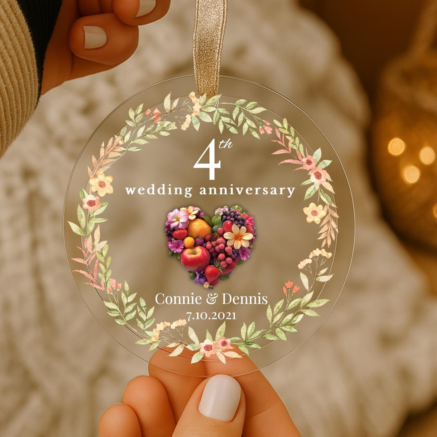 Personalized 4th Anniversary Ornament, 4th Marriage Gift, 4 Years Married Gift, Fourth Anniversary Gift, Fruit Anniversary Gift For Husband