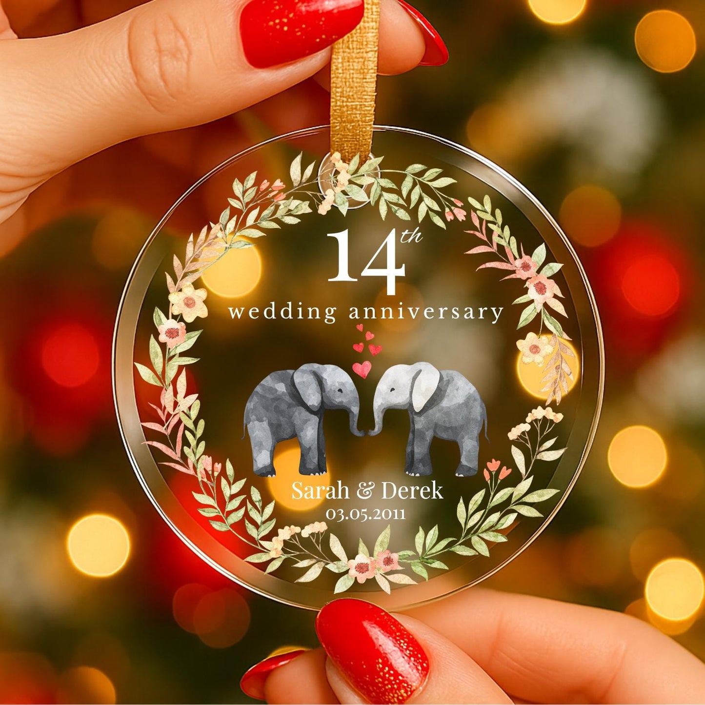 Personalized 14th Anniversary Glass Ornament, 14th Marriage Gift, 14 Years Married Gift, Ivory Anniversary Gift For Parents Husband Wife