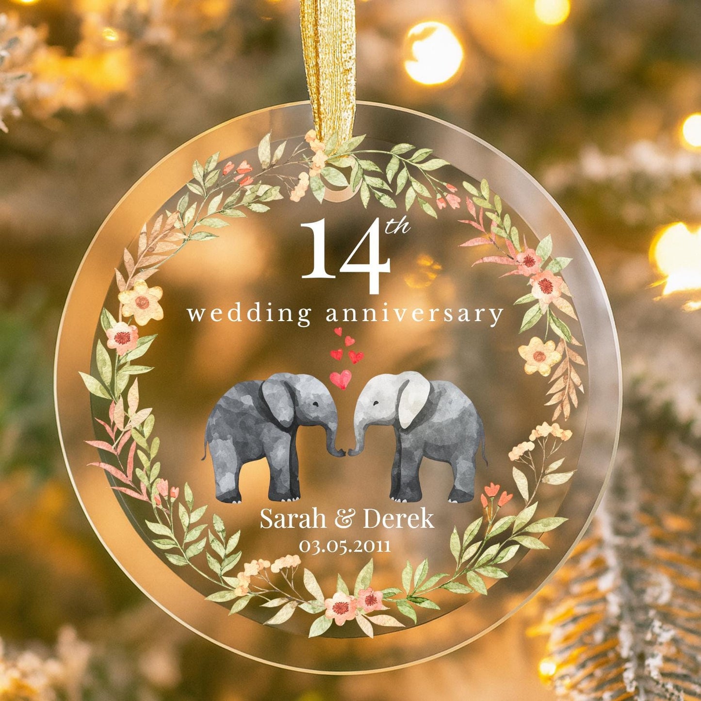 Personalized 14th Anniversary Glass Ornament, 14th Marriage Gift, 14 Years Married Gift, Ivory Anniversary Gift For Parents Husband Wife