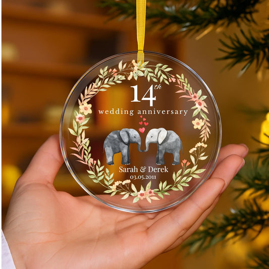 Personalized 14th Anniversary Glass Ornament, 14th Marriage Gift, 14 Years Married Gift, Ivory Anniversary Gift For Parents Husband Wife