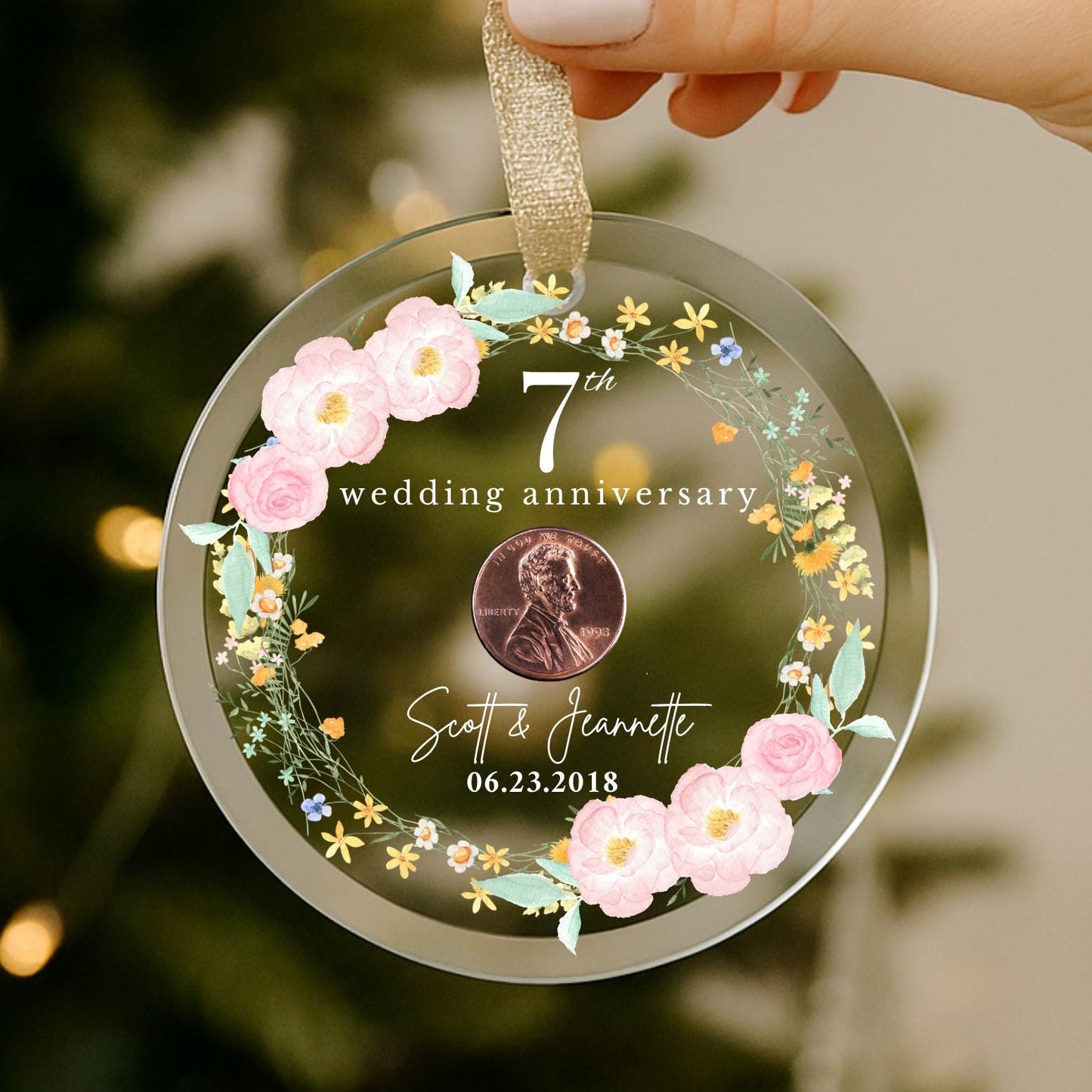 Personalized 7th Wedding Anniversary Ornament, 7th Anniversary Gifts, Seven Years Wedding Gift, Copper Anniversary Gift For Husband Wife