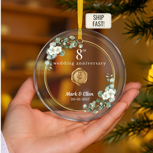 Personalized 8th Wedding Anniversary Glass Ornament, Bronze Anniversary Gift, 8 Years Together Gifts, Eighth Anniversary Gift For Husband