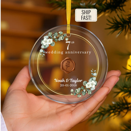 Personalized 7th Anniversary Ornament, Copper Wedding Anniversary Gift, Seven Years Together Glass Ornament, Seventh Year Gift For Husband