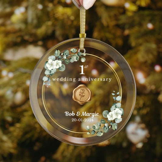 Custom First Anniversary Glass Ornament – Personalized Gift for Couple, Elegant Beveled Edges, Gold Ribbon – Available in Single or Bulk