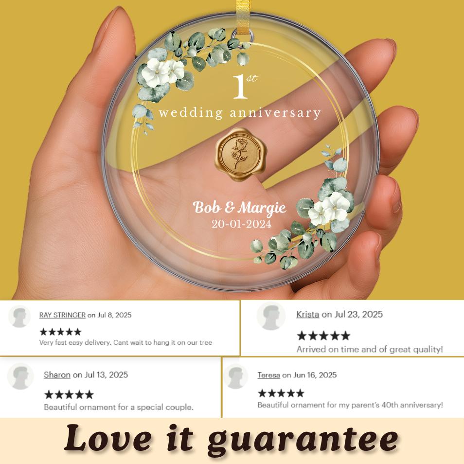 Custom First Anniversary Glass Ornament – Personalized Gift for Couple, Elegant Beveled Edges, Gold Ribbon – Available in Single or Bulk