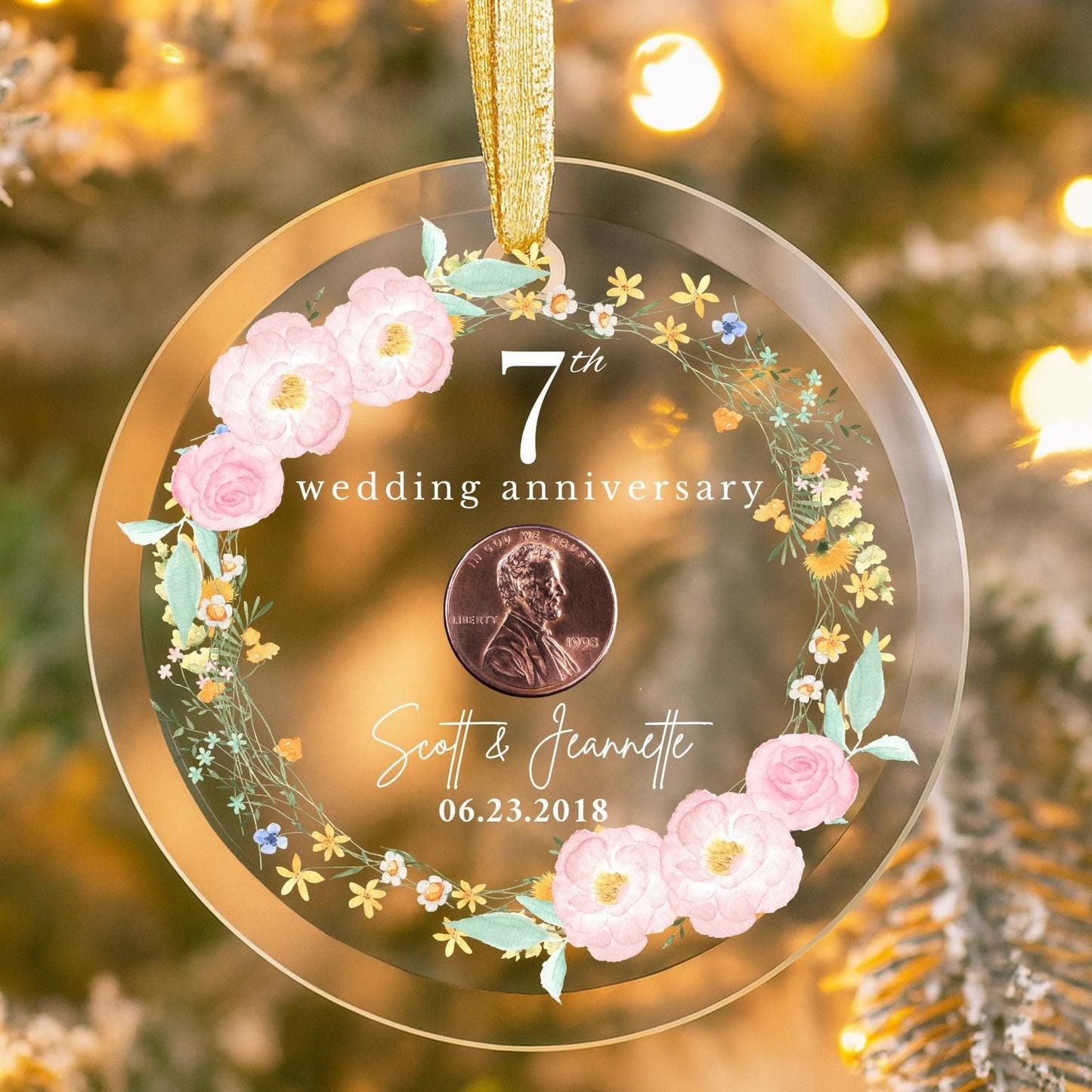 Personalized 7th Wedding Anniversary Ornament, 7th Anniversary Gifts, Seven Years Wedding Gift, Copper Anniversary Gift For Husband Wife