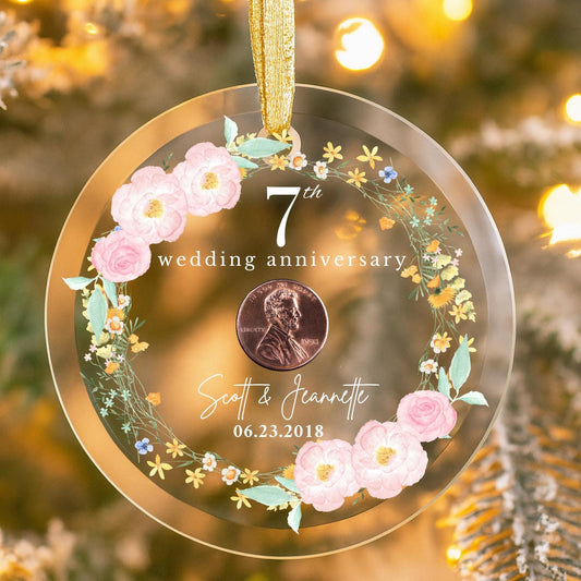 Personalized 7th Wedding Anniversary Ornament, 7th Anniversary Gifts, Seven Years Wedding Gift, Copper Anniversary Gift For Husband Wife