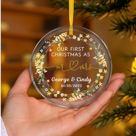 Our First Christmas Married Ornament, Personalized Newlywed Glass Ornament Gift, Custom Mr Mrs Wedding Married Keepsake, New Couple Present