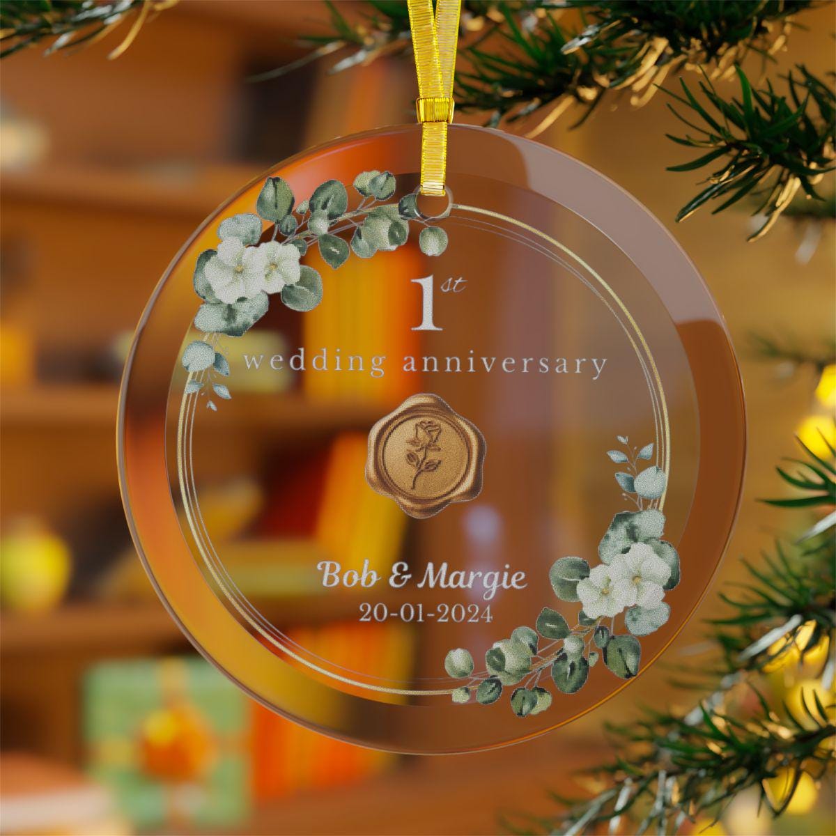 Custom First Anniversary Glass Ornament – Personalized Gift for Couple, Elegant Beveled Edges, Gold Ribbon – Available in Single or Bulk