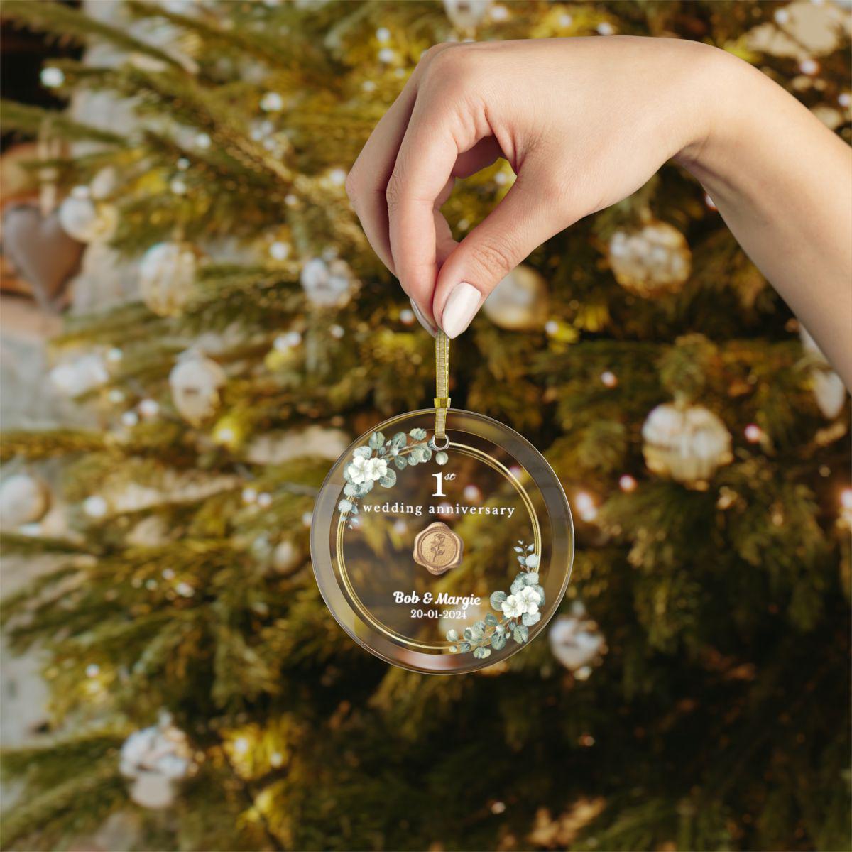 Custom First Anniversary Glass Ornament – Personalized Gift for Couple, Elegant Beveled Edges, Gold Ribbon – Available in Single or Bulk