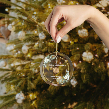 Custom First Anniversary Glass Ornament – Personalized Gift for Couple, Elegant Beveled Edges, Gold Ribbon – Available in Single or Bulk