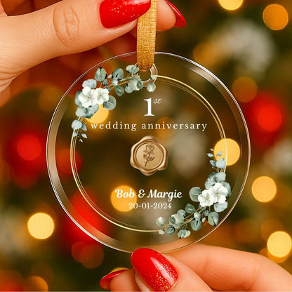 Custom First Anniversary Glass Ornament – Personalized Gift for Couple, Elegant Beveled Edges, Gold Ribbon – Available in Single or Bulk
